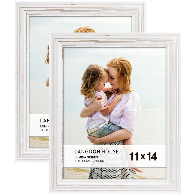 Langdon House 11x14 Real Wood Picture Frames (2 Pack, Weathered White - Gold Accents), White Wooden Photo Frame 11 x 14, Wall Mount or Table Top, Lumina Collection - Image 1